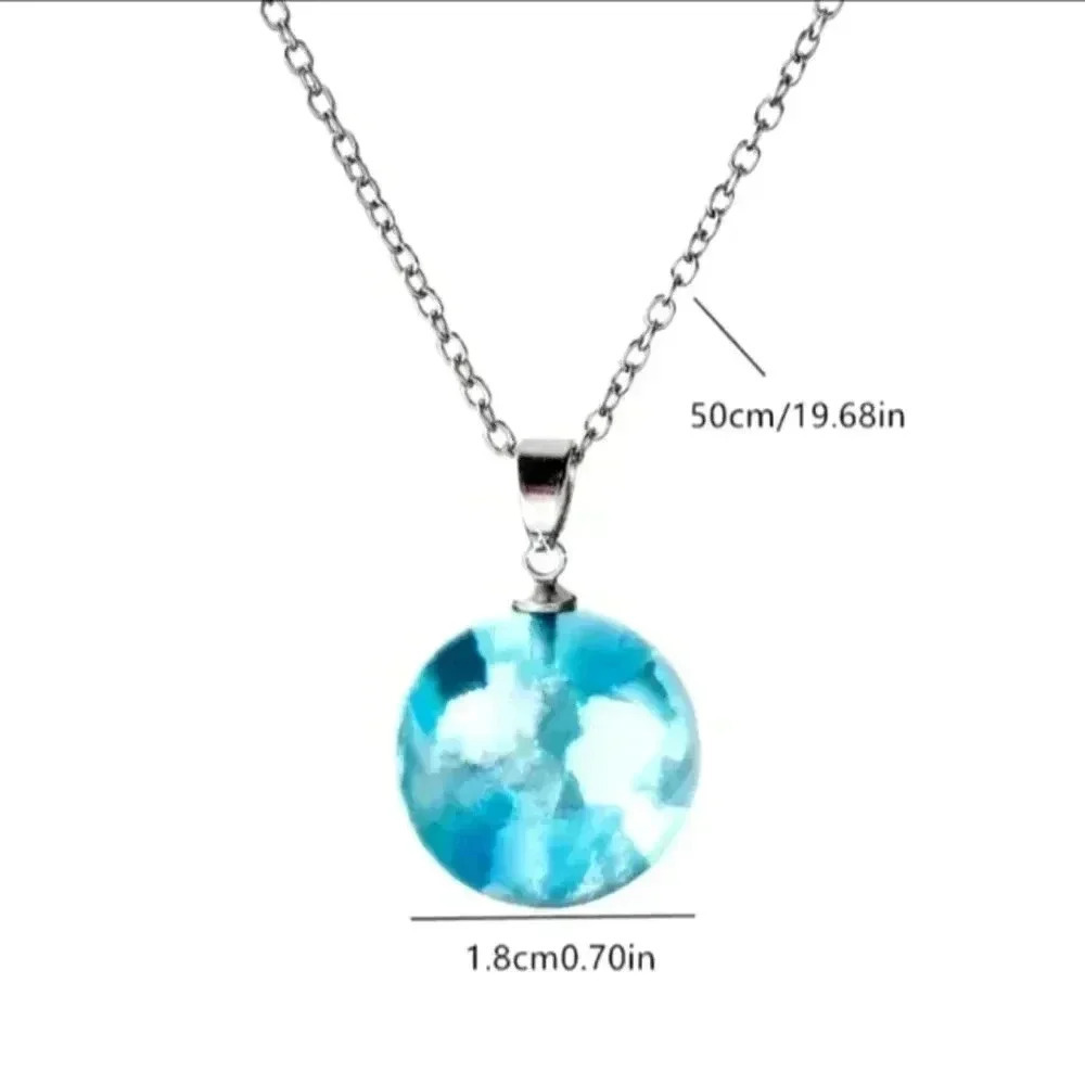 Blue Sky White Cloud Necklace Transparent Ball Shape Resin Pendant Necklace..NWT